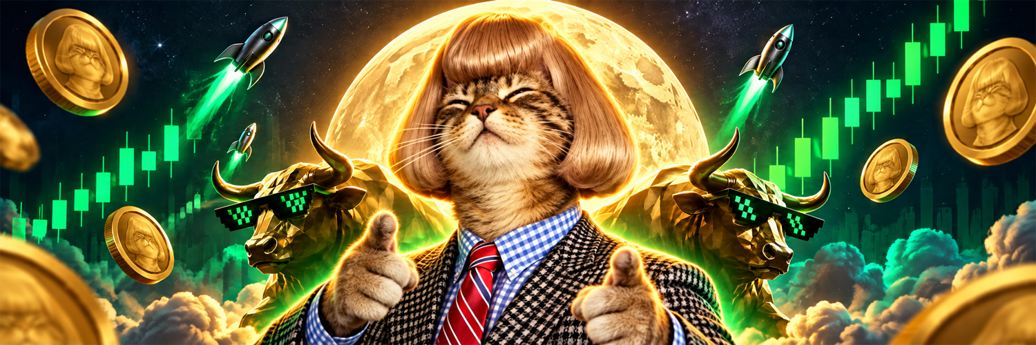 Jean Cate pointing at you under a gold moon, with bulls, rockets, and green candles